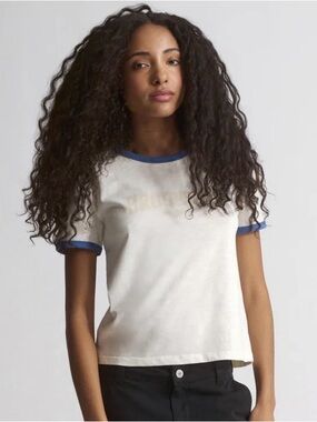 Brooklyn Industries Women's Slim Fit White Blue Ringer T-Shirt Size Medium